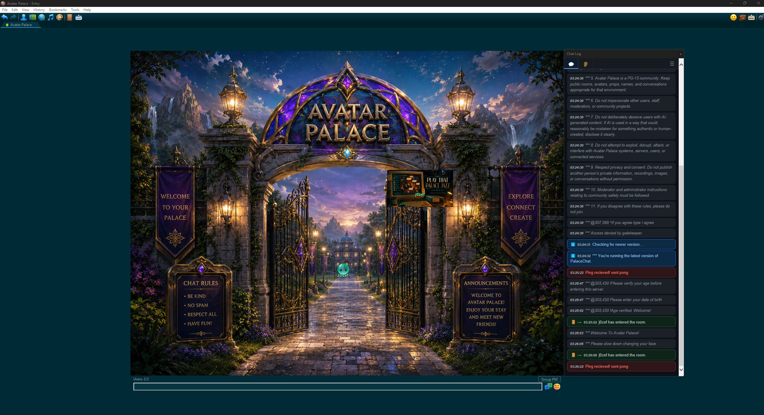 PalaceChat v5 visiting Avatar Palace: desktop menus and toolbar, the Entry room with avatars, a chat box below and a floating chat log on the right.