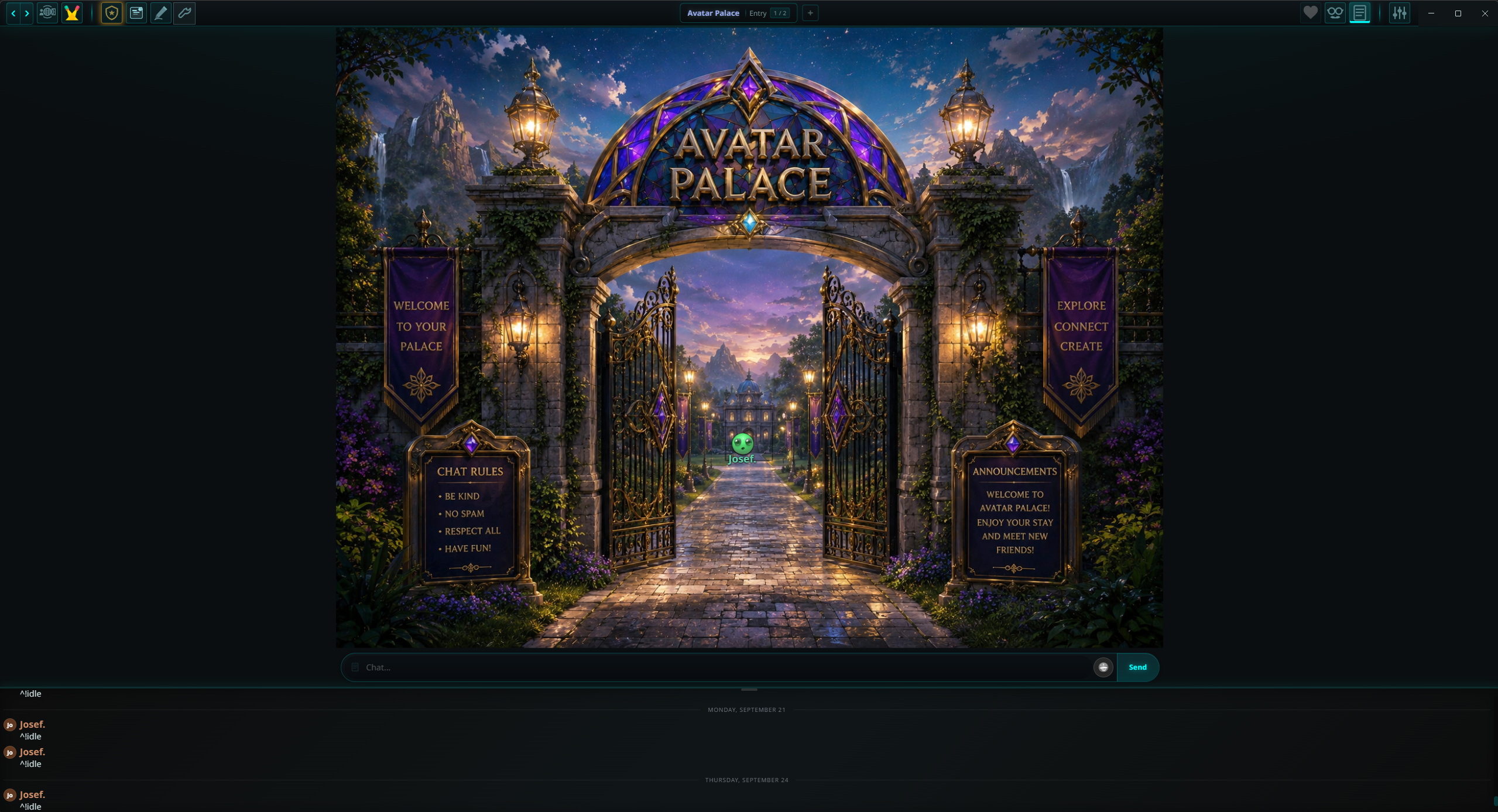 Avatar Palace’s Entry room in The Palace client, with Josef’s floating avatar, the room artwork, toolbar, chat box and log.